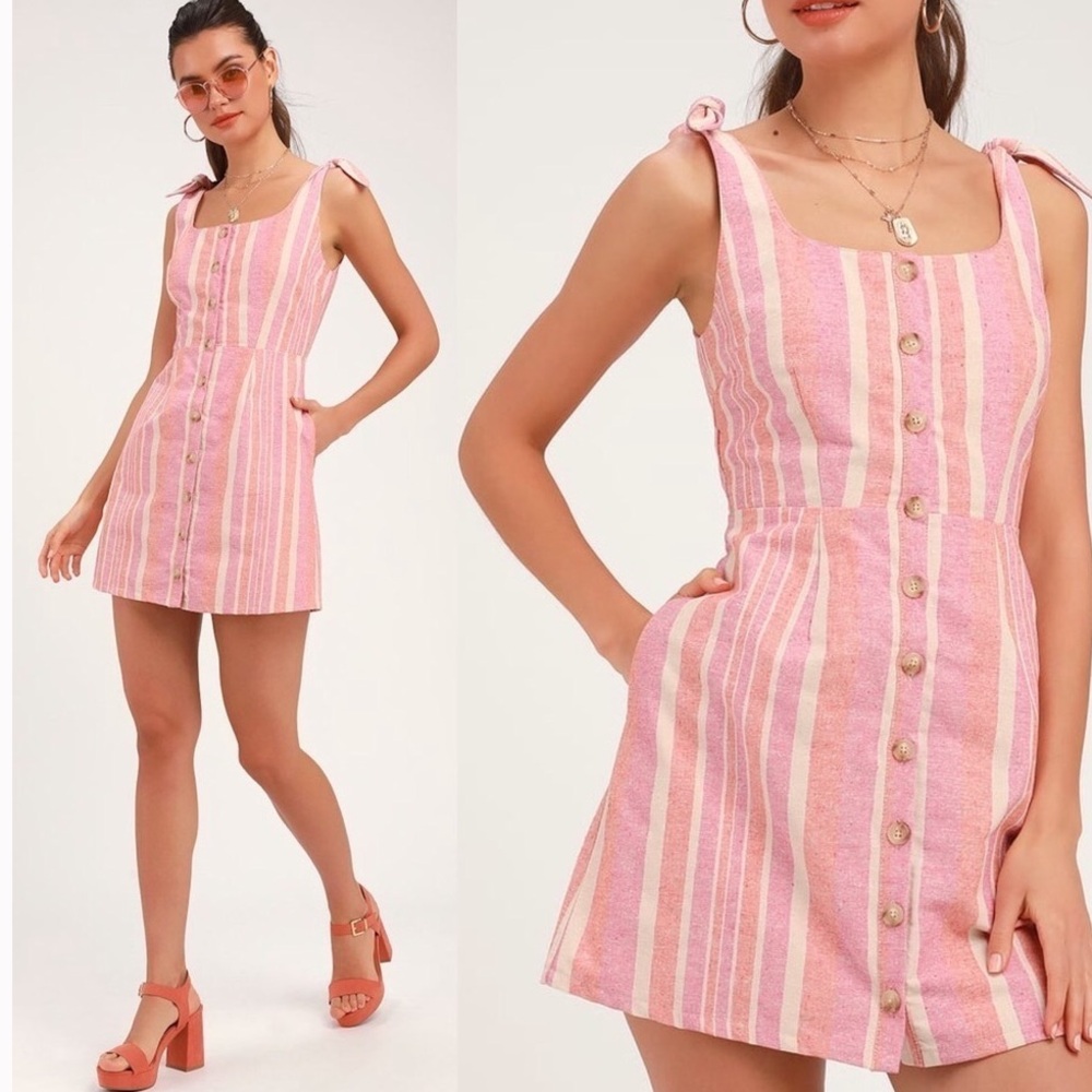 Lulus Karlie Brooklin Pink Multi Striped Button Front Mini Dress